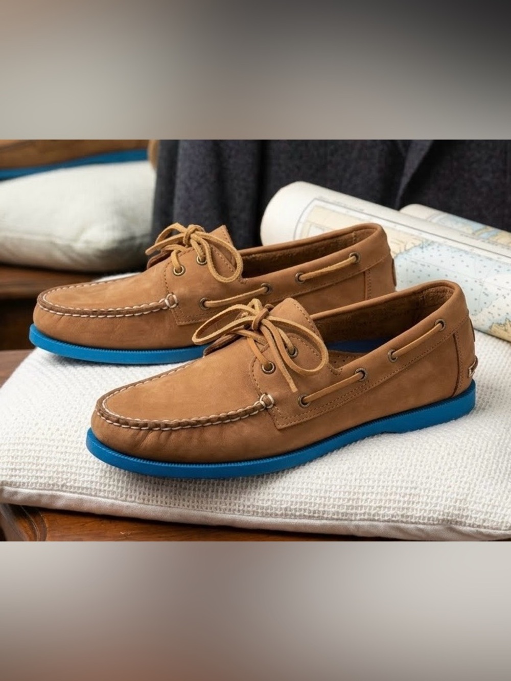 Froats Men's Brown Nubuck Leather With Electric Blue Rubber Soles Boat Shoes